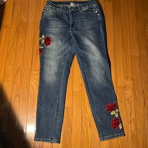 Venus Medium Wash Stretch Denim Rose Embroidered Jeans-Size 6